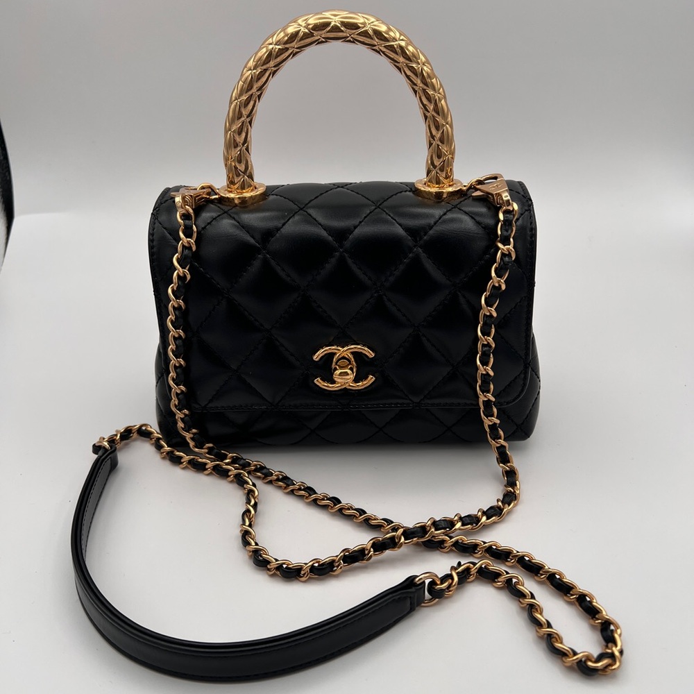 CHANEL Shiny Calfskin Quilted Mini Coco Chain Gold Handle Flap Black Bag - Picture 4 of 16
